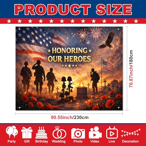 Image of Bliss Yard 4th of July Patriotic Backdrop Banner 8 x 6 Ft American Flag Military Memorial Theme Decorations, Independence Day Party Decor for Veterans Day Memorial Event Indoor Outdoor Supplies