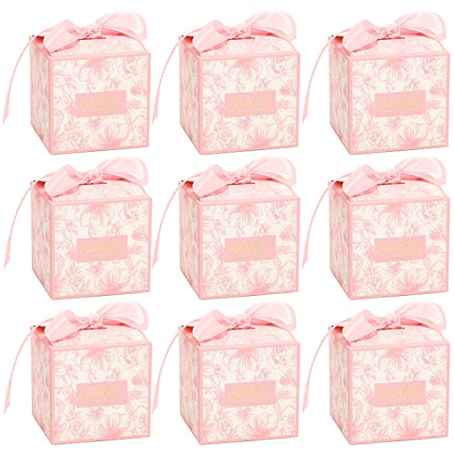 Boîte à Dragées Rose, 50 Pcs Contenant Dragées Papier, Boîte Cadeau avec Ruban, Boîte de Friandises pour Fiançailles de Mariage, Bonbonnière en Papier pour Mariage, Anniversaire, Fête, Noël, 7*7*7 cm Cover