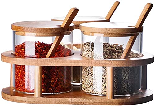XWBLDBDFC Contenedor de condimentos de vidrio para condimentos, juego de azucarero de cocina transparente con estante de madera, cuchara y tapa