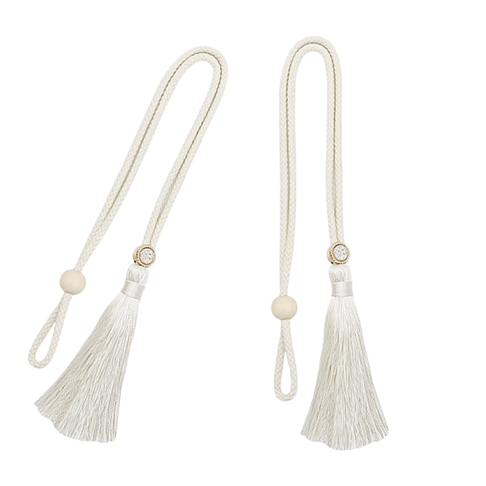 2pcs Beiged Curtain Tiebacks Hand Woven with Tasseled Pendant Hanging Bind Rope Buckled Holder Home Decoration Elegant Curtain Holder