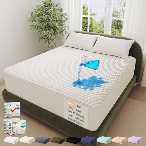 OhGeni 100% Waterproof Mattress Protector, Queen Size Mattress Pad, Fits 6″-20″ Mattresses with Deep Pocket, Cooling, Breathable Fitted Sheets, Soft Bed Cover, Noiseless, Machine Washable