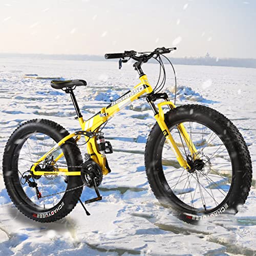 Fat Tires Folding Bike For Adults Foldable Adult Bicycles Folding Mountain Bike With Suspension Fork 21 Speed Gears Folding Bike Folding City Bike High Carbon Steel Frame,Yellow,24Inch #TOP2