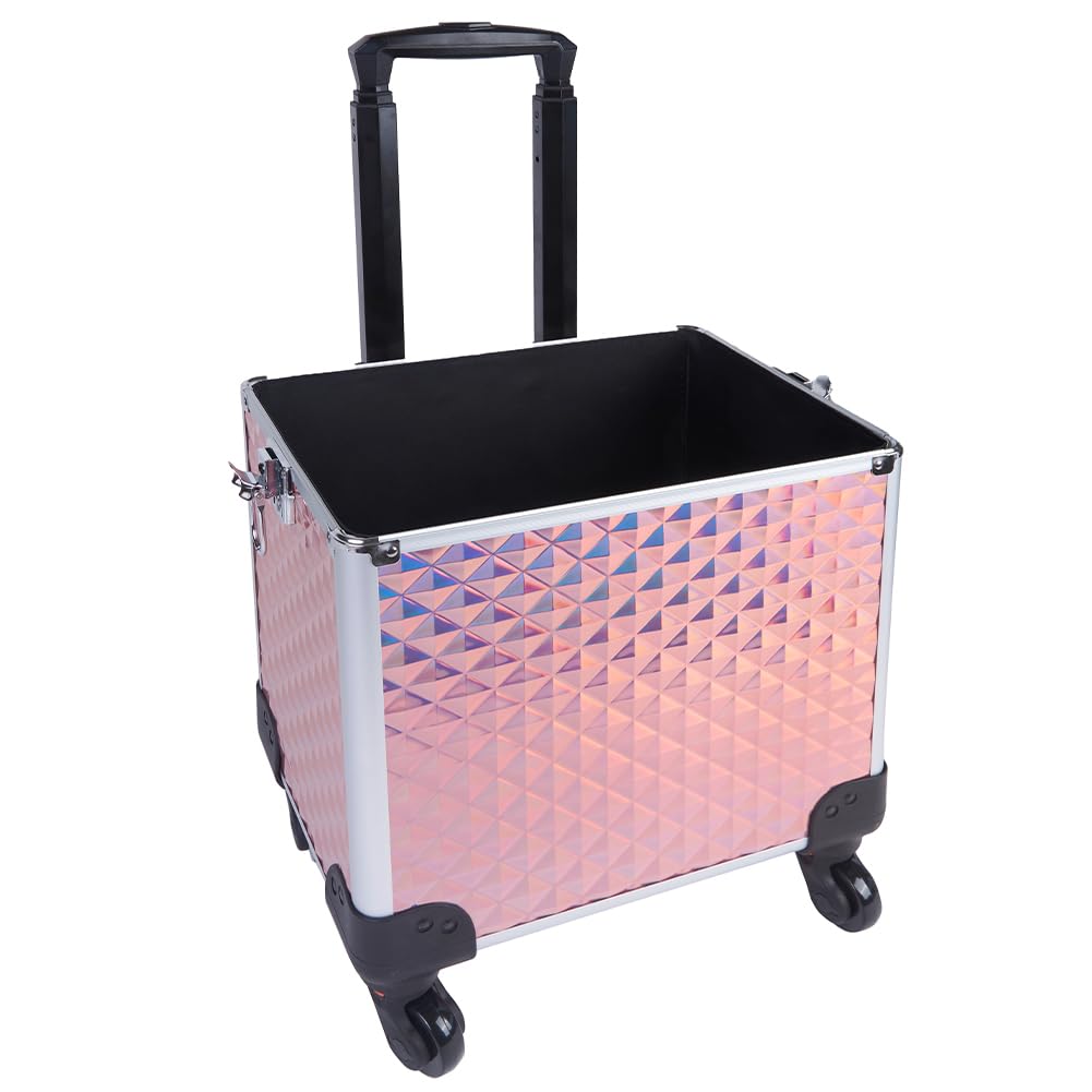 BAKAJI Trolley Make Up 3 in 1 Professionale con Trama Oleografica a Triangolare, Beauty Case Estetista Portatile, Valigia Porta Trucchi con Ruote Staccabili, Valigetta Organizer Makeup Viaggio (Rosa)