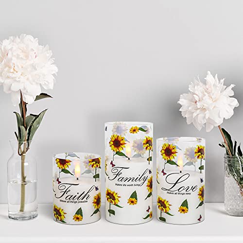 Image of Sunflower Glass Flameless Candles with Remote Timer Battery Operated LED Pillar Candles Real Wax 3D Wick Flickering Warm Light Wedding Dinner Holiday Spring Candle 3 x 4,5,6 Inches