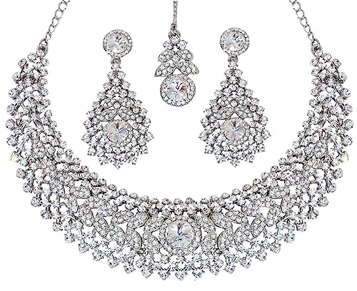 Touchstone Hollywood Glamour Scintillating White Round And Rivoli Shape Rhinestone Grand Bridal Designer Jewelry Hasli Necklace Set For Women In Silver Tone #TOP7