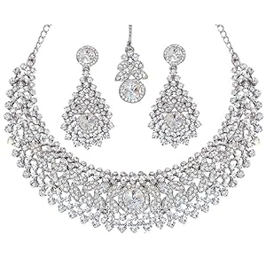 Touchstone Hollywood Glamour Diamond Look Rhinestone Crystal Grand Bridal Designer Jewelry Hasli Necklace Set In Gold And Silver Tone for Women., Metal, No Gemstone