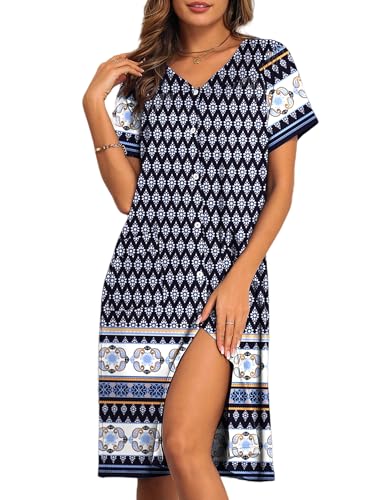 Image of Ekouaer House Dresses for Women with Pockets Button Down Nightgowns Plus Size Moo Moos Mumu Dresses Floral Print S-3XL