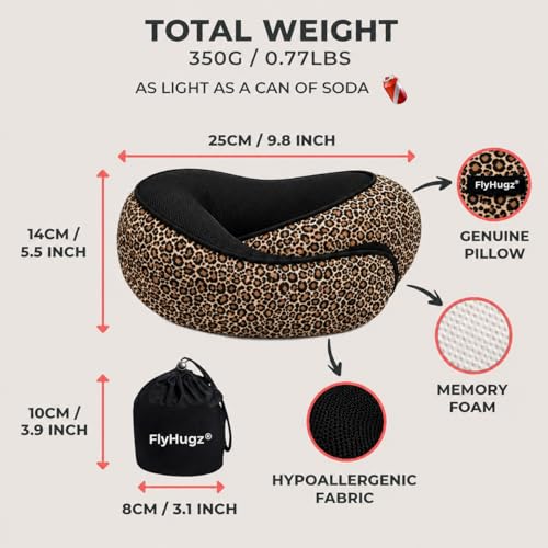 Image of FlyHugz Neck Travel Pillow Memory Foam Neck Pillow for Comfort on Airplane Compact and Ergonomic Design for Travel, Car Rides, and Home Use Ideal for Adults and Kids. (Leopard Print)