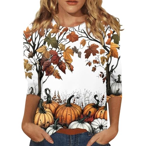 Womens 3/4 Sleeve Halloween Print Tops Casual Spring and Fall Fashion Blouse T Shirts Lightweight Loose Fit Shirts