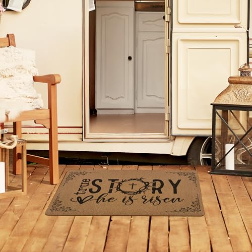 Image of Christian Easter Door Mat Doormat, He is Risen Bible Verse Welcome Front Door Mat Indoor Outdoor Entrance, Religious Easter Artificial Coir Doormats Rugs for Porch Entryway Decor 30x17in