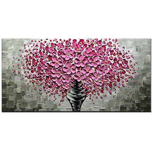 Desihum-3D Art Pink Flowers Oil Paintings On Canvas Long Square Modern Wall Art Home Decor Artwork for Living Room Dinning Room Office Abstract Picture.(20