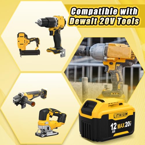 Image of DCB200 12000mAh 20V Replacement for Dewalt 20V Battery | Compatible with Dewalt 20V Max Battery 2 Pack Lithium DCB205 DCB203 DCB207 DCB201 DCB206 DCD /DCF /DCG Series Power Tools (2)