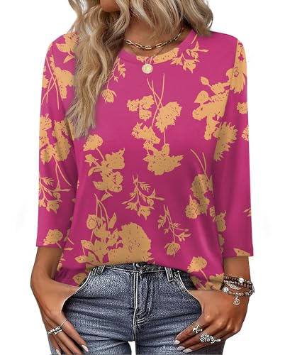 WIHOLL Tops for Women 3/4 Length Sleeve Crew Neck Casual Tunic Ladies Tops Basic Shirts Loose Fit Blouse Pink Yellow Print Size 18-20