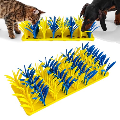 VirgoCCY Silicone Grass Mat for Cats & Dogs, Snuffle Mat for Dogs Cats, Slow Feeder Dog Bowl, Interactive Sniff Foraging Mats for Dog Cat Pet, Nosework Training Foraging Pad- Blue & Yellow2