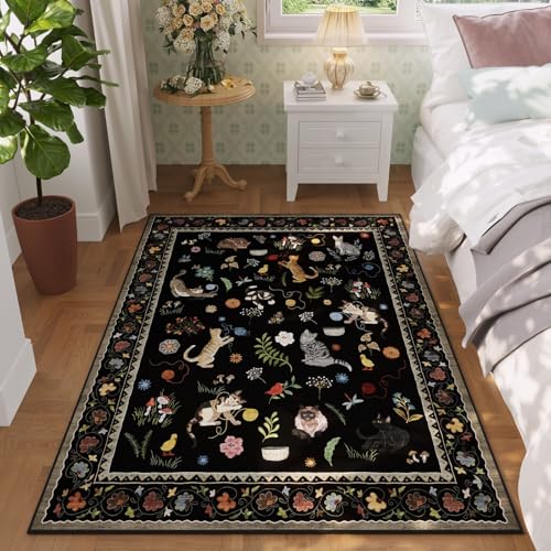 Bedroom Rug 3x5 Rug Washable Area Rug Non Slip Low Pile Boho Floral Animal Cat Small Carpet for Bedroom Bedside Kitchen Entryway Kids Room Office College Dorm Essentials for Girls, Black