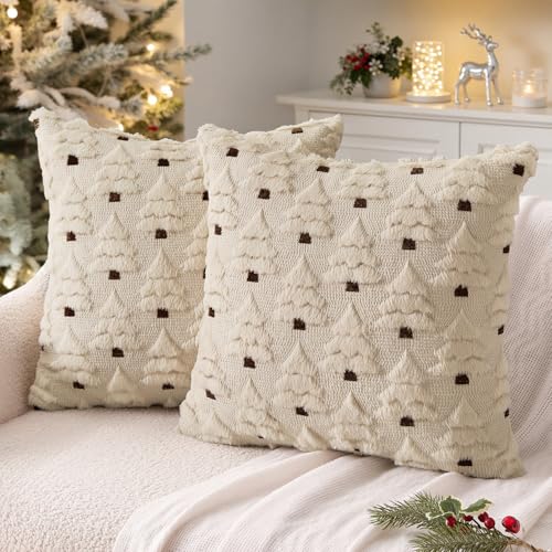 MIULEE Christmas Tree Decorative Pillow Covers Faux Fur Wool Throw Pillows Soft Plush Cushion Covers Set of 2 Xmas Home Decor Winter Holiday for Sofa Couch Livingroom Bed 18x18 Inch Beige