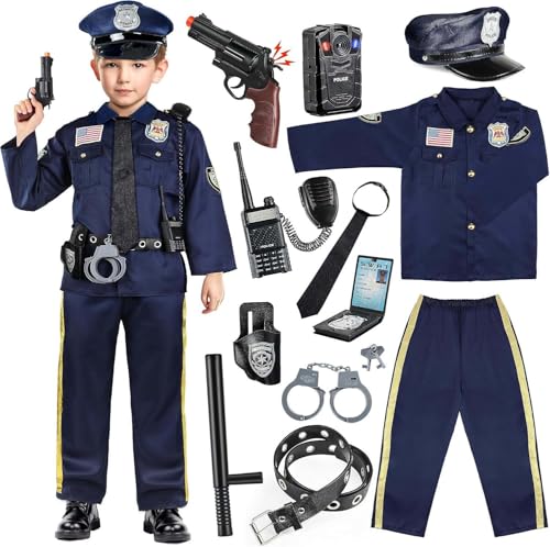 Joycover Police Costume for Kids - Career Day Officer Costume for Boys Girls with Toy Accessories, Toddler Kids Halloween Costumes, Cop Outfit Kit for Halloween Dress Up Pretend Roleplay -L