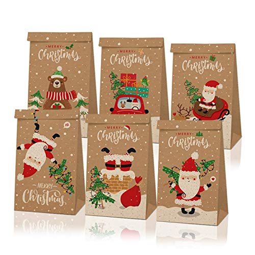 Christmas Goodie Bags,12Pcs Christmas Paper Bags Xmas Party Candy Bag Kraft Paper Boxes for Xmas Decoration Supplies