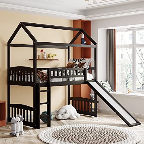 La Mejor Selección de Literas Madera comprados en linea. 48 Merax House Loft - Litera con tobogán, no Necesita muelles para niños, Adolescentes, niñas o niños, Cama Individual sin Almacenamiento, Espresso