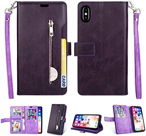 FLYEE iPhone Xs Max Case, iPhone Xs Max Wallet Case, 10 Card Slots Premium Flip Wallet Leather Magnetic Case Purse with Zipper Coin Credit Card Holder Cover for iPhone Xs Max 6.5 inch Purple