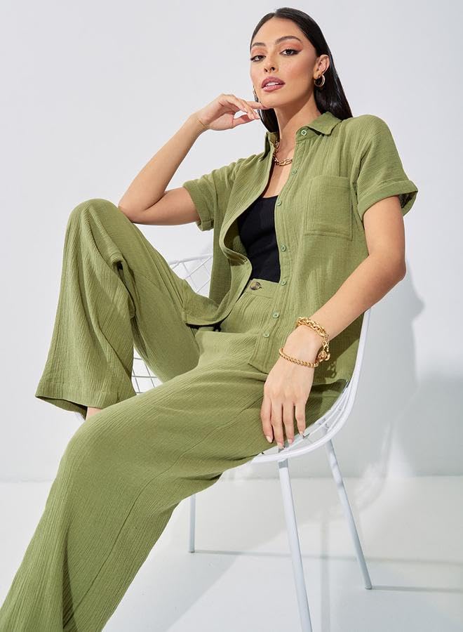 Image of Styli Women Regular Fit Roll-Up Sleeve Textured Button-Down Shirt | Stylish Casual Shirt for Women | Comfortable Office Wear & Everyday Western Tops
