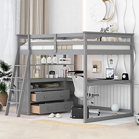 MERITLINE Full Size Loft Bed with Desk and Shelves, Wooden Loft Bed Full with Storage Drawers for Kids Teens Boys Girls,No Box Spring Needed (Full,Grey) Cover