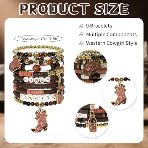 9 PCS Western Cowgirl Beaded Stretch Bracelets for Women, Stackable Cowgirl Hat Boot Accessories, Summer Beach Bohemian Jewelry Christmas Birthday Gifts2