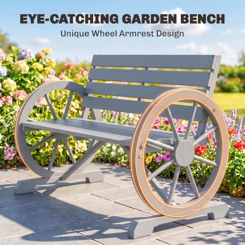 Image of Outsunny 41 inch Wooden Outdoor Bench Rustic Wagon Wheel Light Gray
