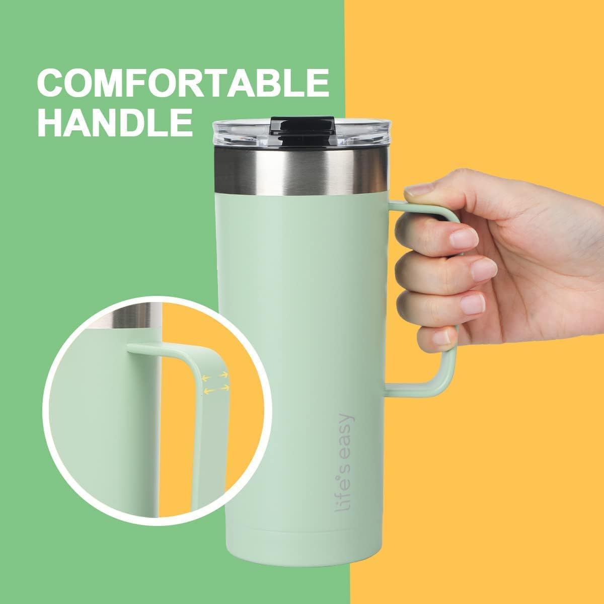 Life's Easy 20oz Stainless Steel Mug w/Handle - Double Wall Insulated Travel Tumbler w/Flip Lid - Leak Proof Tumbler-Thermal Cup for Coffee, Tea & More - Keep Hot & Cold Drinks (Mint Green, 20 oz) - Image 6