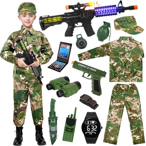 NEUFOOD Disfarce militar para criança, disfarce militar disfarces soldado criança, com fato militar, chapéu camuflagem, Walkie-Talkie metralhadora pistola brinquedo, para disfarces Halloween carnaval
