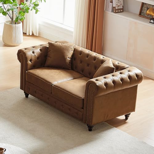 Image of Mid Century Modern Loveseat Sofa, 63.5 inchW Faux Leather Button Tufted Small Couch with Nailhead Trim & Roll Armrest, Comfy Upholstered Chesterfield Sofa for Living Room, Office(2 Seater, Brown)