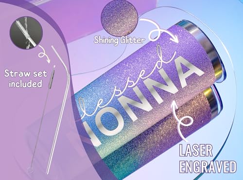 Image of Onebttl Christian Grandma Gifts for Mother's Day, 20oz Purple & Blue Glitter Skinny Tumbler, Straw & Lid Included, Nonna Gifts - Blessed Nonna