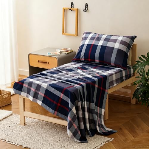 Image of Wellboo Navy Blue Plaid Toddler Bedding Sets for Girls Boys Geometric Tartan 4 Pieces Soft Crib Bed Set Including Comforter, Sheets and Pillowcase Kids Preppy Buffalo Check Quilt Warm