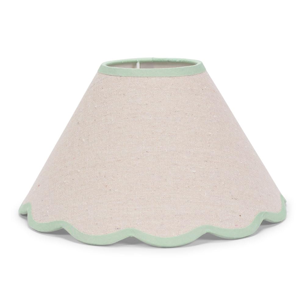ValueLights | Large Easy Fit Natural Linen Tapered Light Shade with Green Scallop Trim | Lamp Shades, Home Décor & Improvement Essential | Includes Bulb | 41cm Shade Width