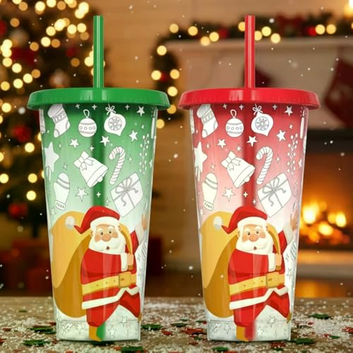 クリスマスカラーチェンジカップ 蓋とストロー付き 大量販売クリスマスカップはこぼれにくいストロー付き 水アイスコーヒー紅茶用 - 色: green