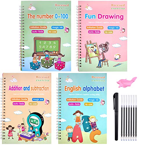 Magical Practice Copybook for Kids - 4 Pack The Print Handwriting Workbook, Reusable Handwriting Practice Paper, Calligraphy Set with Number/Alphabet/Drawing/Math/Pen