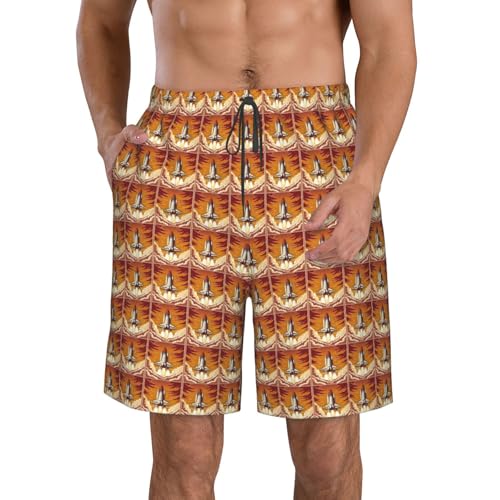 Rocket in Space Print Stylish Beach Shorts Swim Trunks Lightweight Breathable Summer Outdoor Activities