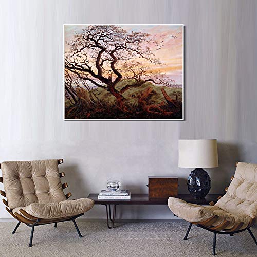Invin Art Framed Canvas Tree With Ravens And Prehistoric Tumulus On The Baltic Coast#2 By Caspar David Friedrich Wall Art Living Room Home Office Decorations(White Slim Frame,24"X32") #TOP2