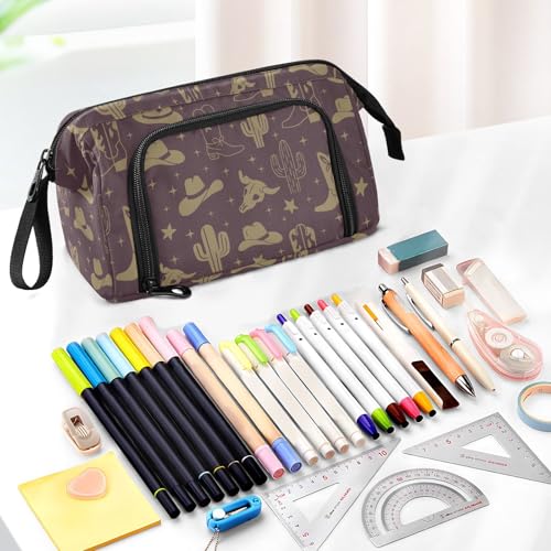 Image of Western Cowboy Dark Brown Pencil Case Pouch Big Capacity Pencil Bag Box Organizer Pen Case with Zipper Pencil Boxes for Girls Boys Adults Women School Office