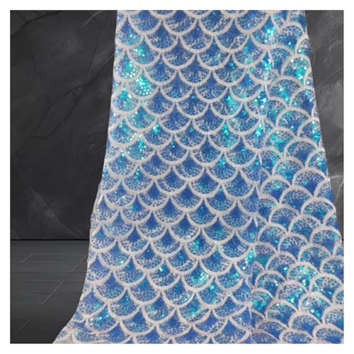 AMateschitz Tela de lentejuelas de sirena, 130 cm de ancho, tela iridiscente, tela de escamas de pescado, lentejuelas, tela de sirena, tela decorativa para coser, color azul, 2 yardas