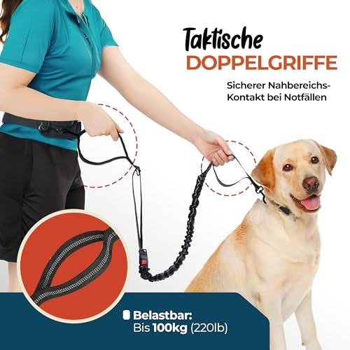 PORTENTUM Joggingleine Hunde - Freihändig, Laufen, Wandern, Anti-Stress, Gurtband, Reflektierend (Schwarz)