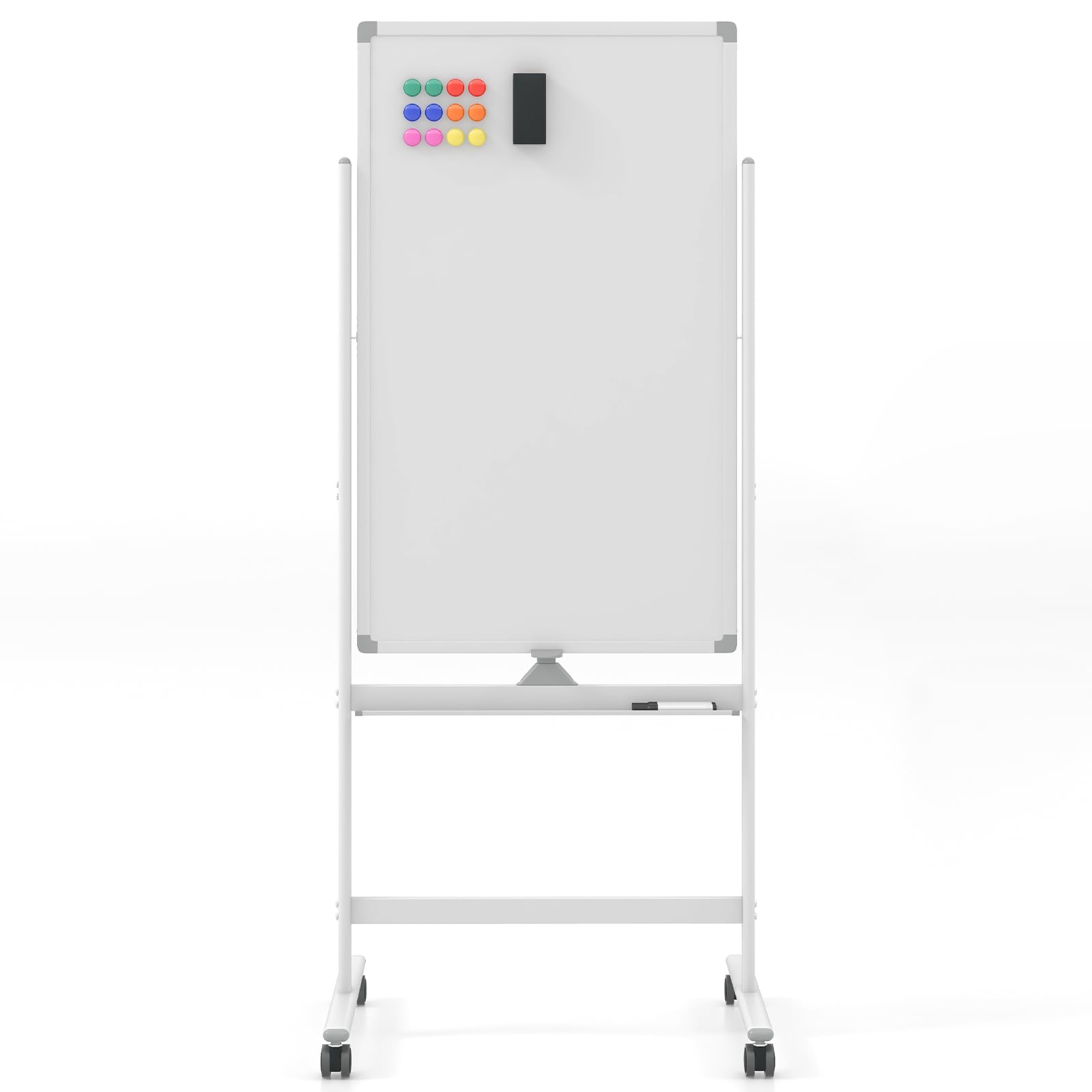 COSTWAY Double Sided Magnetic Whiteboard, Height Adjustable Mobile Dry Erase Board with Black Markers, Eraser, Magnets & Marker Tray, Standing Reversible White Board (100 x 60cm, White)