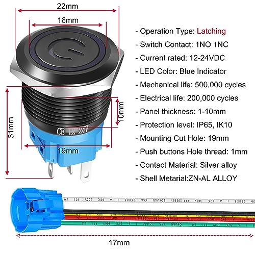 Gebildet E1204 19Mm 12V-24V/5A Stainless Steel Latching Push Button Switch Power Symbol Led 1No1Nc Spdt thumb #3