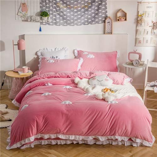RONGXIE Blue Pink thick fleece winter cute Bedding set king queen twin size kids girls Bed set Bedsheet Clouds Duvet cover pillowcases