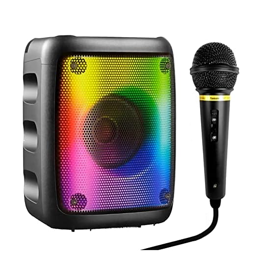 Caixinha de Som Karaokê com Microfone FM Bluetooth e LEDs Adulto e Infantil (Prata)