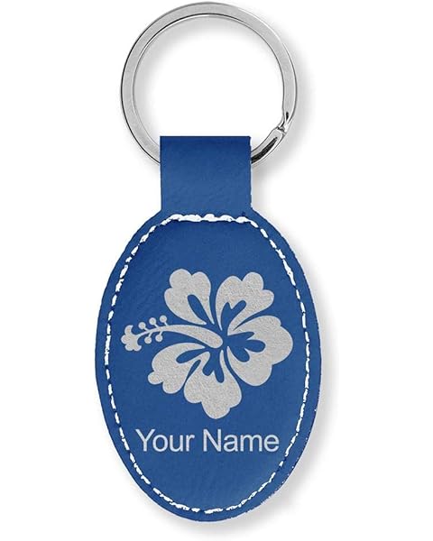 LaserGram Oval Keychain, Hibiscus Flower 1, Personalized Engraving Included (Dark Blue)