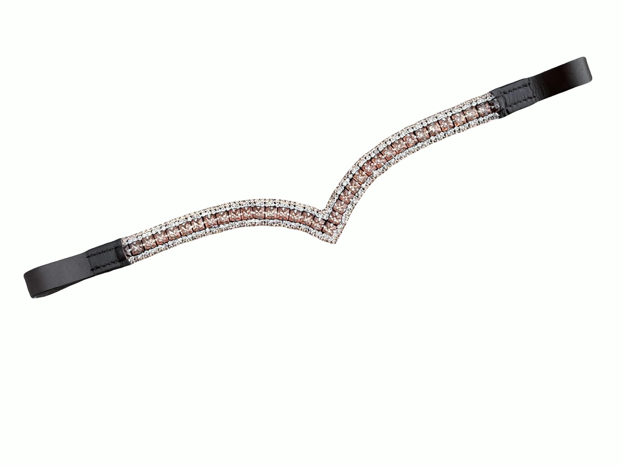 Horse Bling Browband for Bridle, V Shape, 5 Row Champagne and Clear Rhinestones, Black and Brown Leather, Dressage and Show Jumping (Brown, Full)
