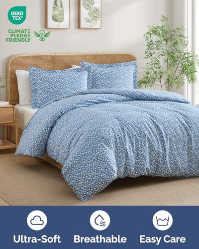 Image of Duvet Cover Full Size Set - Extra Soft Floral Duvet Cover 80 x 90 with 2 Pillow Shams - Comfy, Breathable Floral Bedding Set - Hotel Luxury Easy-Care & Fade Free, Zipper Closures & Ties - Bluefield