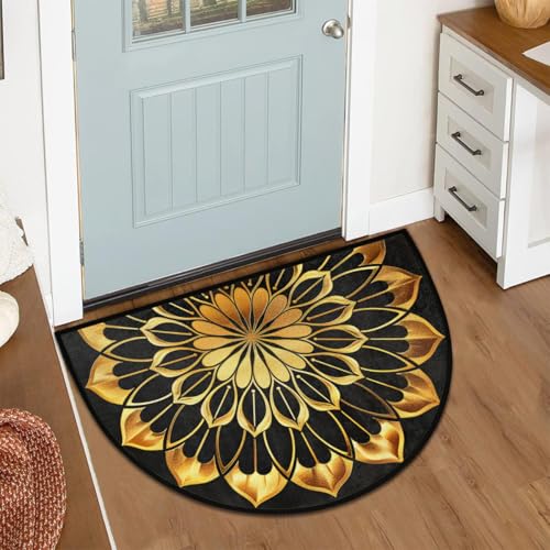 Image of Half Round Doormat Mandala Ethnic Gold Florals Non Slip Half Circle Area Rugs Indoor Washable Half Moon Rug Semi Circle Bathroom Runner Mat Entrance Floor Carpet for Kithen Bedroom Fireplace Decor