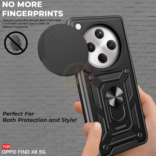 Image of Armor Bumper Back Cover Case for Oppo Find X8 5G Rotating Camera Cover, Ring Holder & Kickstand | Heavy Duty & 360 Degree Protection Oppo Find X8 5G Back Cover (Black)